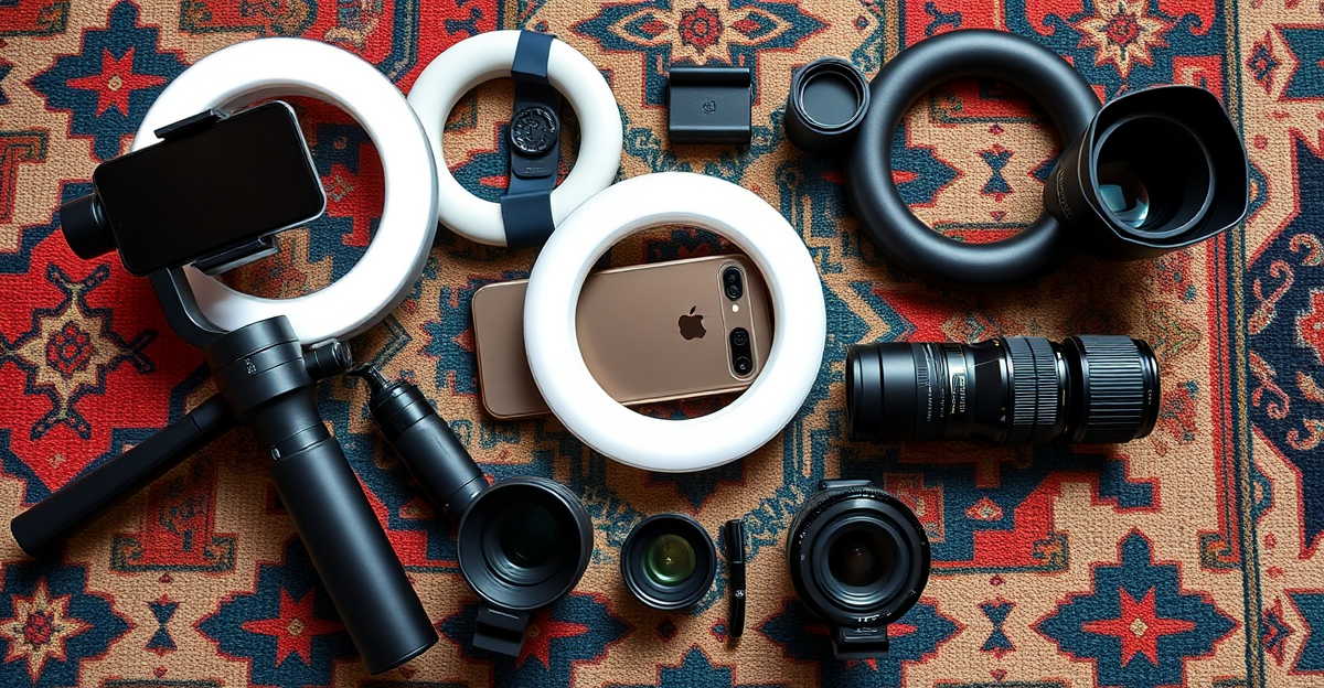 A beautifully set up flat lay of phone accessories