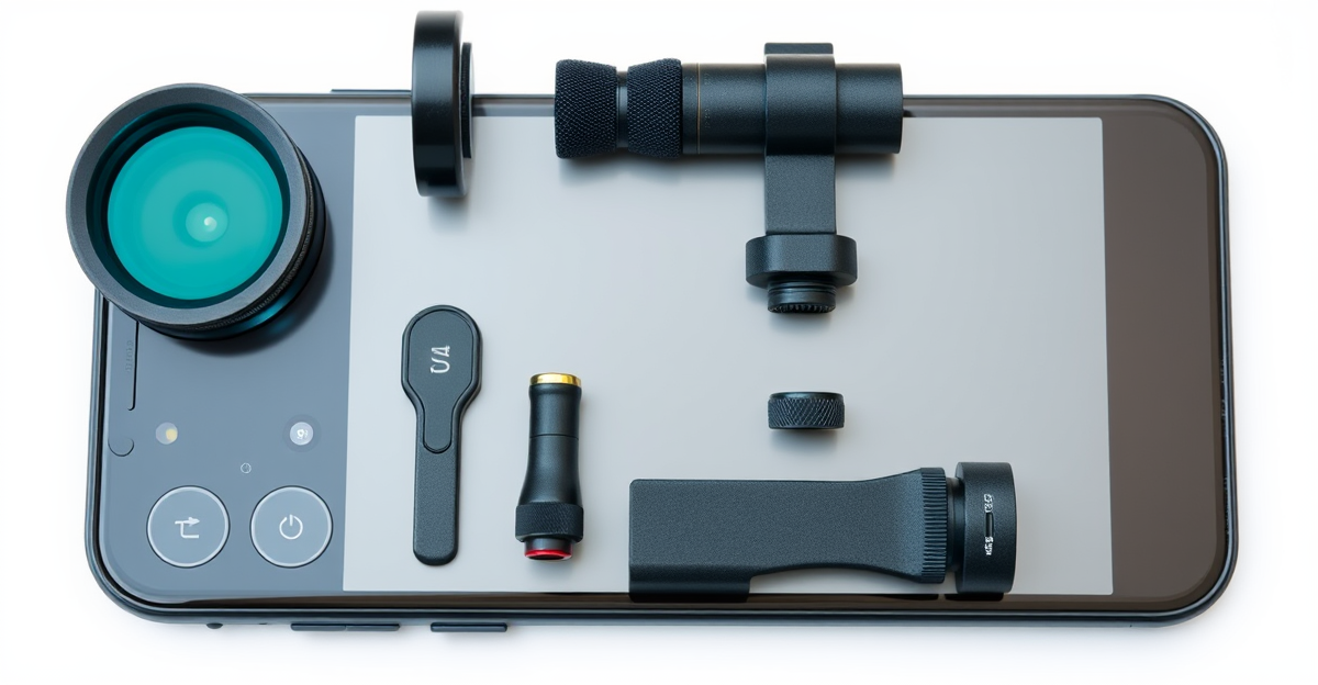 A detailed close-up of a smartphone with various professional accessories